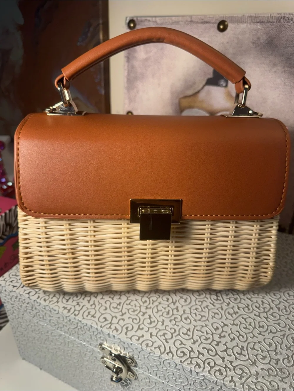 Tommy Bahama Stylish Woven Top-Handle Bag in Tan and Cream - Picture 1 of 11